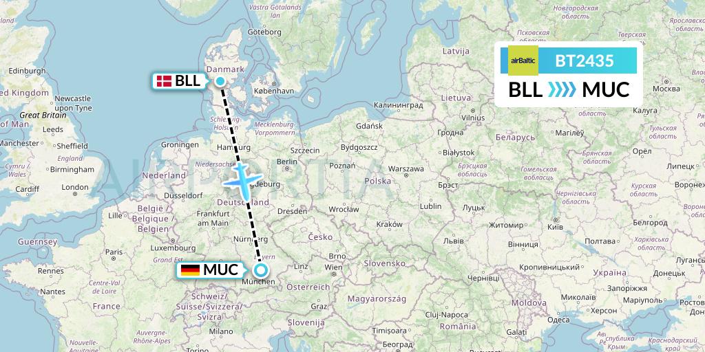 BT2435 Air Baltic Flight Map: Billund to Munich