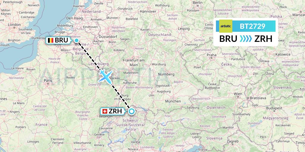 BT2729 Air Baltic Flight Map: Brussels to Zurich