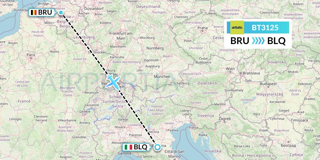 BT3125 Air Baltic Flight Map: Brussels to Bologna