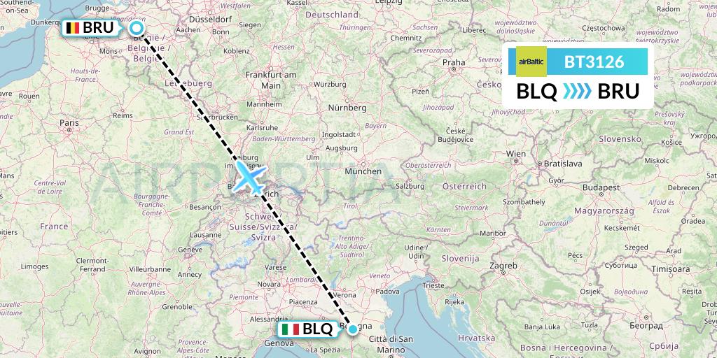BT3126 Air Baltic Flight Map: Bologna to Brussels