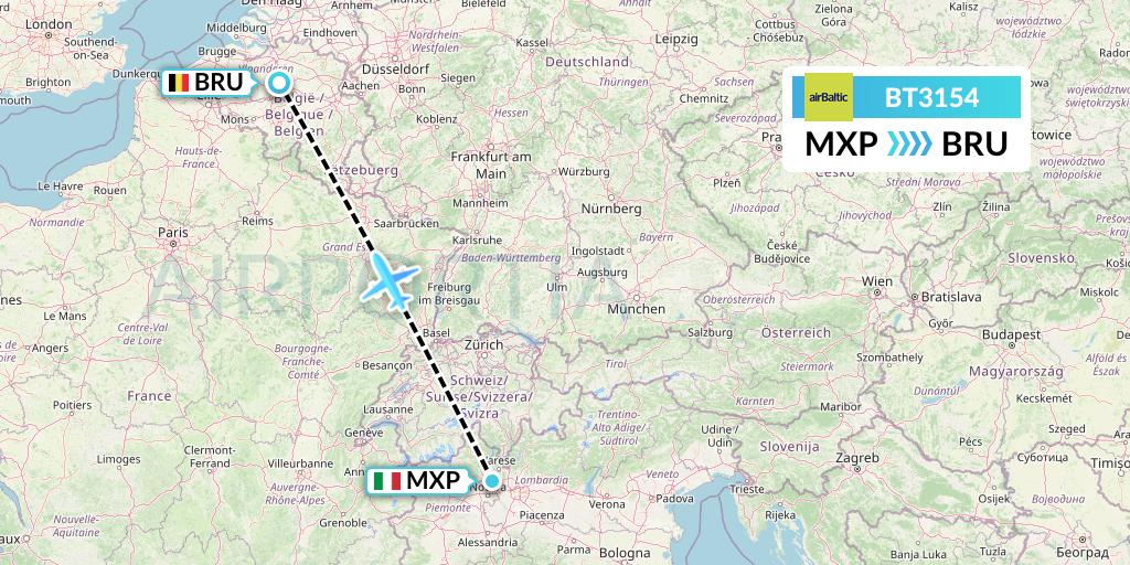 BT3154 Air Baltic Flight Map: Milan to Brussels