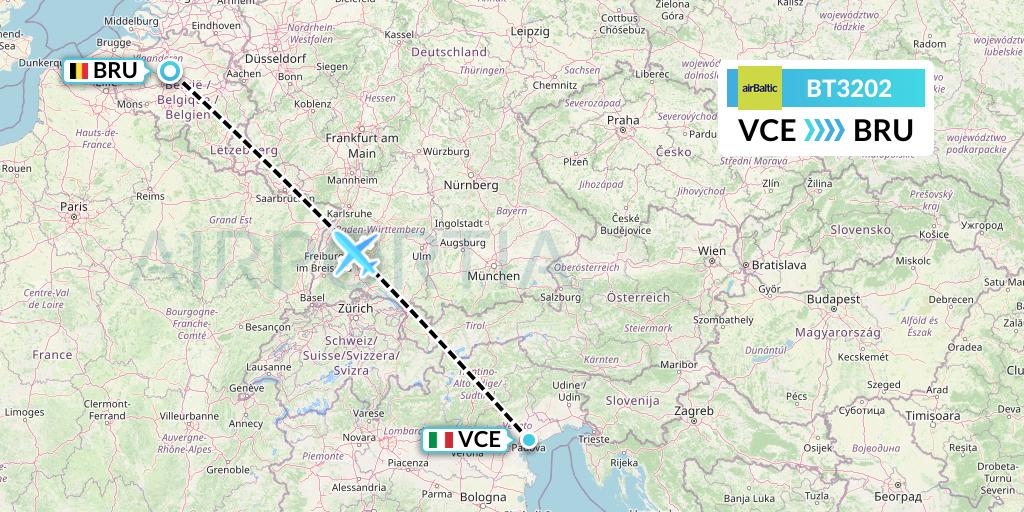 BT3202 Air Baltic Flight Map: Venice to Brussels
