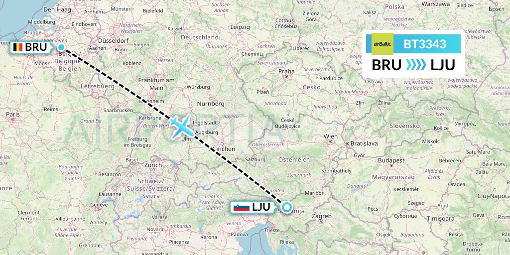 BT3343 Air Baltic Flight Map: Brussels to Ljubljana