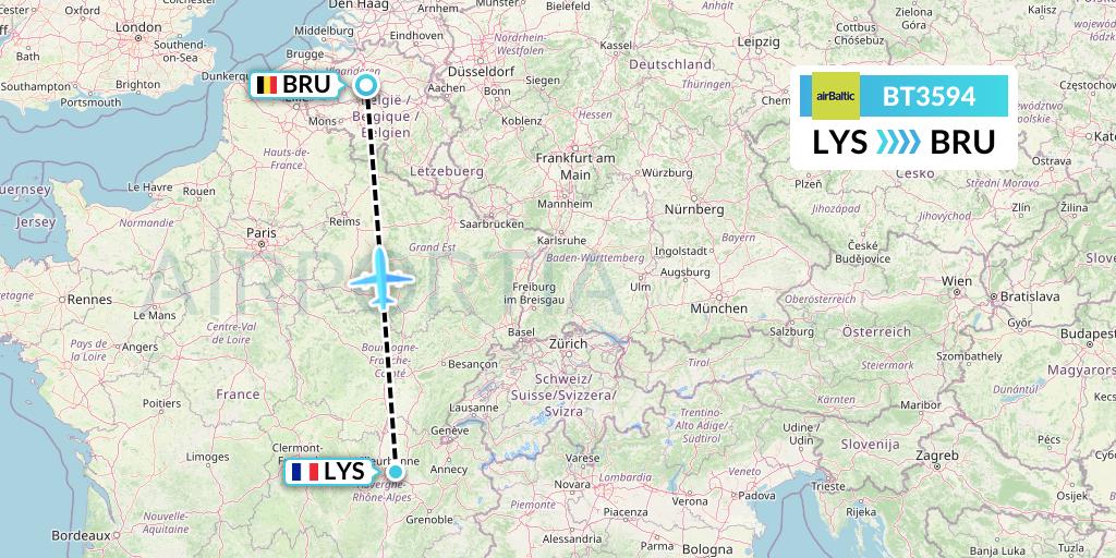 BT3594 Air Baltic Flight Map: Lyon to Brussels
