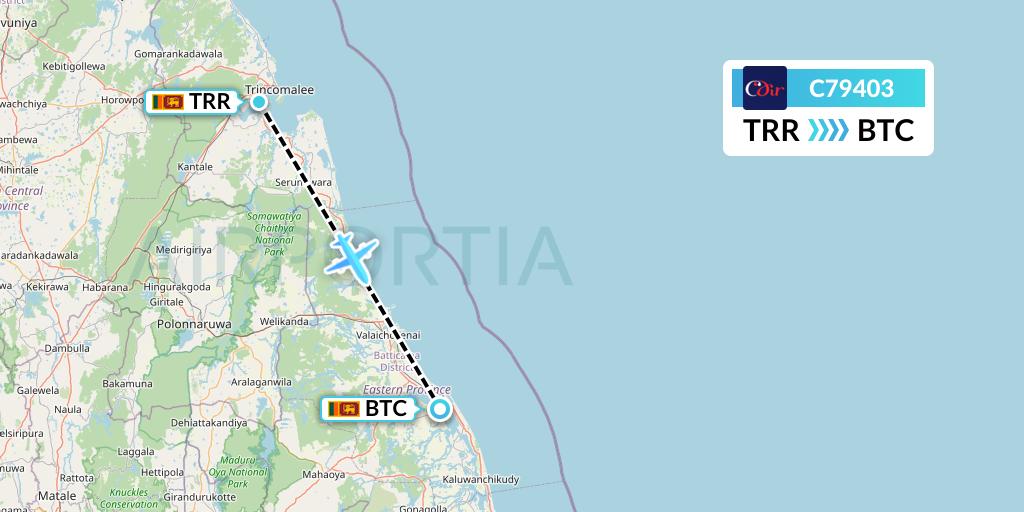 C79403 Cinnamon Air Flight Map: Trincomalee to Batticaloa