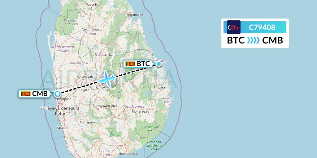 C79408 Cinnamon Air Flight Map: Batticaloa to Colombo