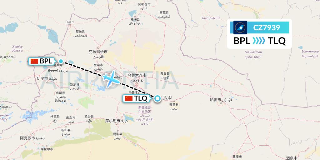 CZ7939 China Southern Airlines Flight Map: Bole to Turpan