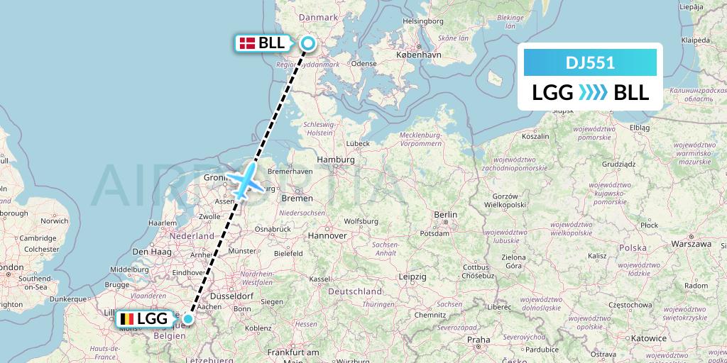 DJ551 Air Djibouti Flight Map: Liege to Billund
