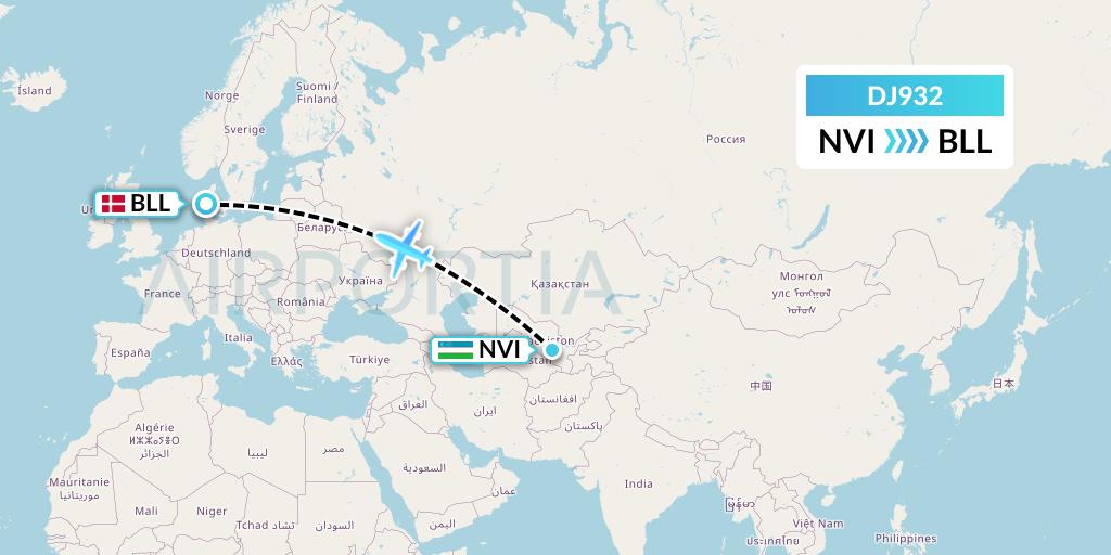 DJ932 Air Djibouti Flight Map: Navoiy to Billund