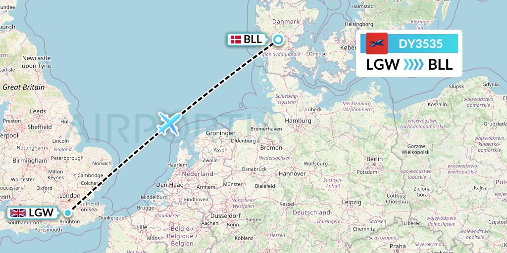 DY3535 Norwegian Flight Map: London to Billund