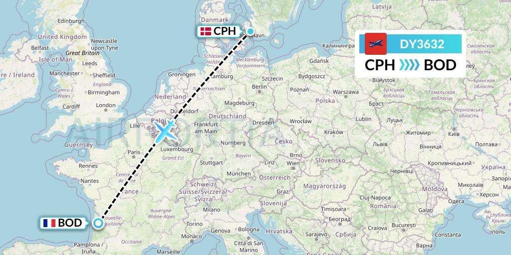 DY3632 Norwegian Flight Map: Copenhagen to Bordeaux