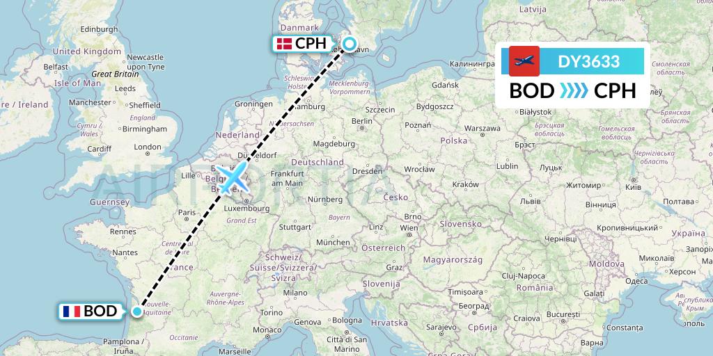 DY3633 Norwegian Flight Map: Bordeaux to Copenhagen