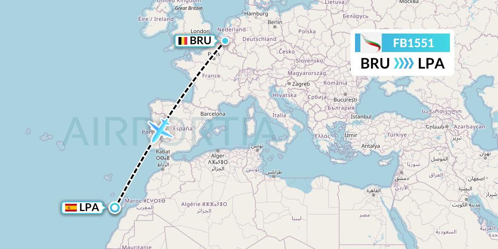 FB1551 Bulgaria Air Flight Map: Brussels to Las Palmas