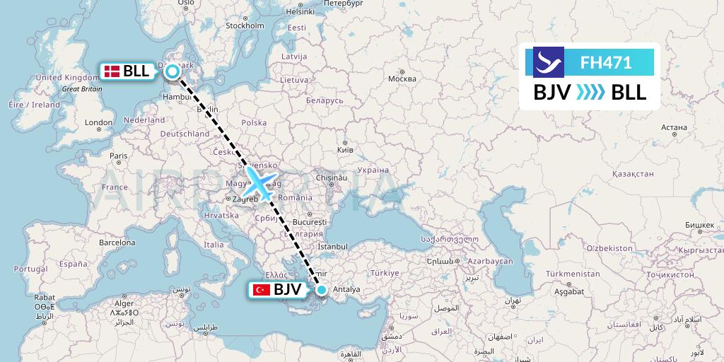 FH471 Freebird Airlines Flight Map: Bodrum to Billund