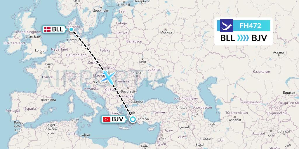 FH472 Freebird Airlines Flight Map: Billund to Bodrum
