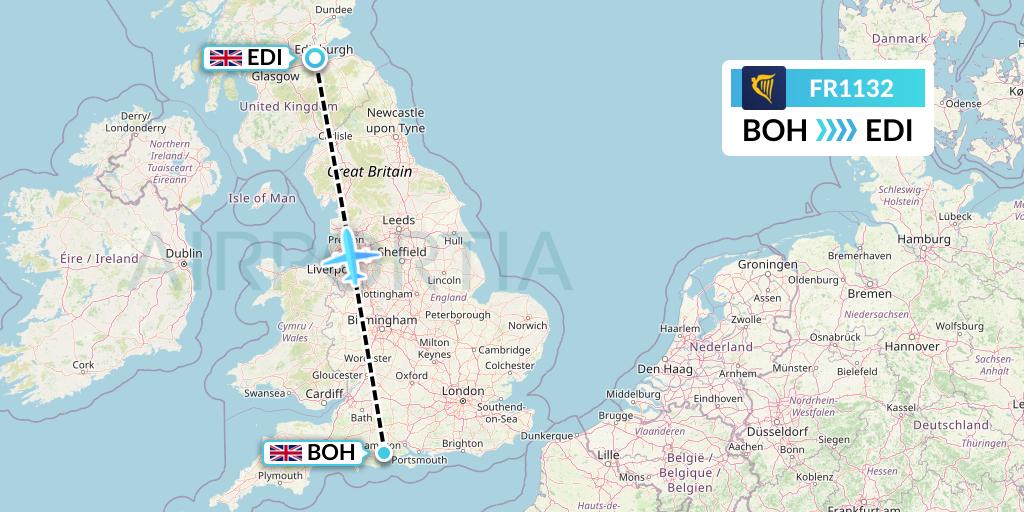 FR1132 Ryanair Flight Map: Bournemouth to Edinburgh