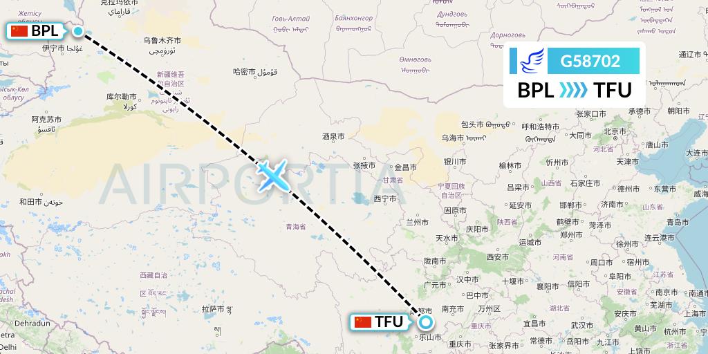G58702 China Express Airlines Flight Map: Bole to Chengdu