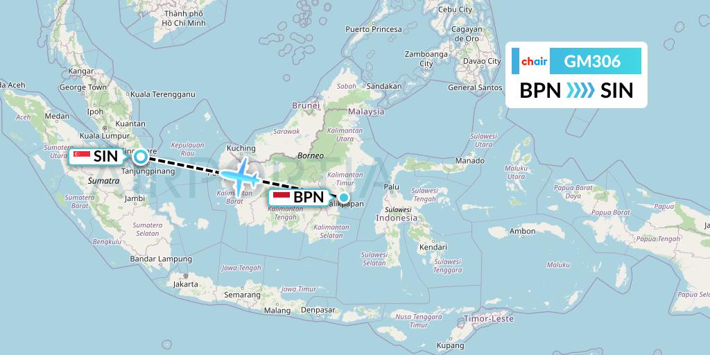 GM306 Chair Airlines Flight Map: Balikpapan to Singapore
