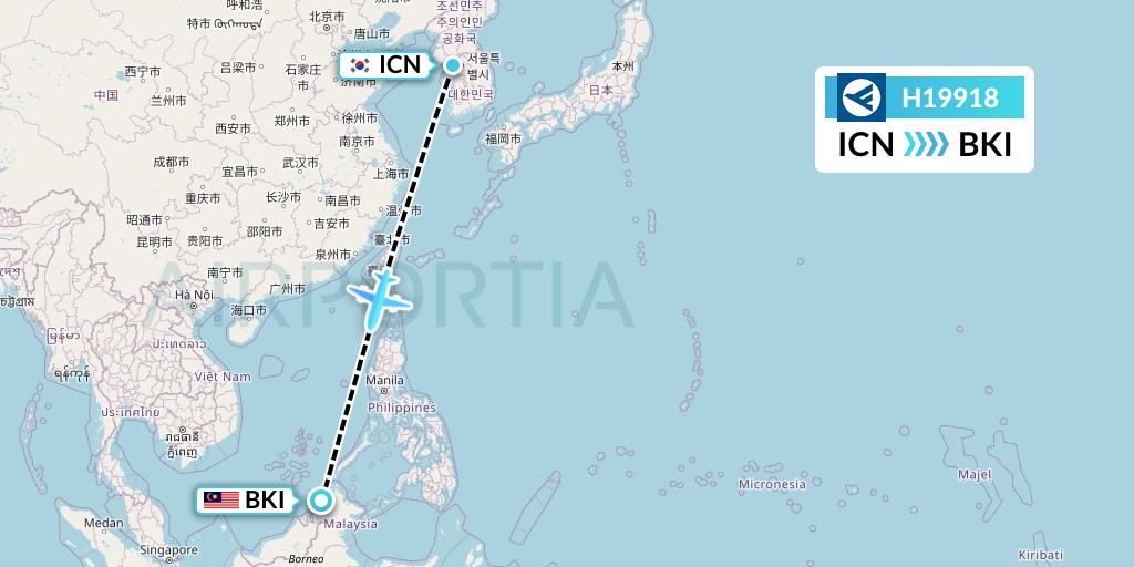 H19918 Hahn Air Systems Flight Map: Seoul to Kota Kinabalu