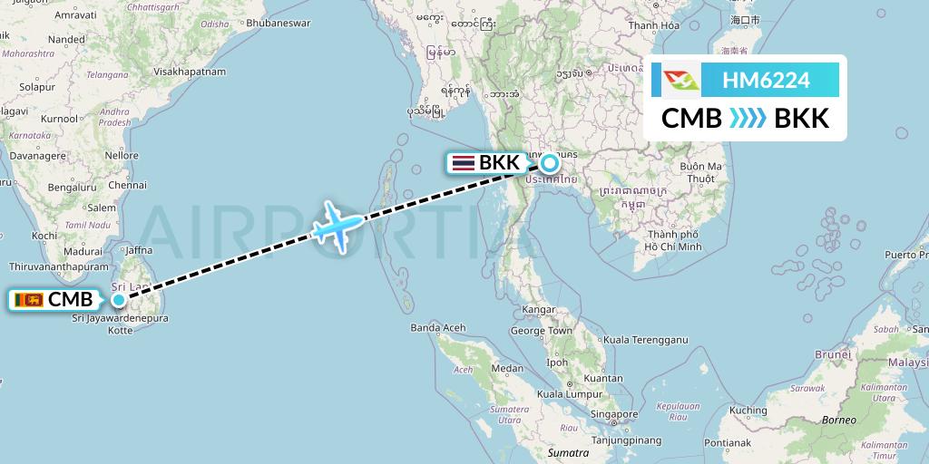 HM6224 Air Seychelles Flight Map: Colombo to Bangkok