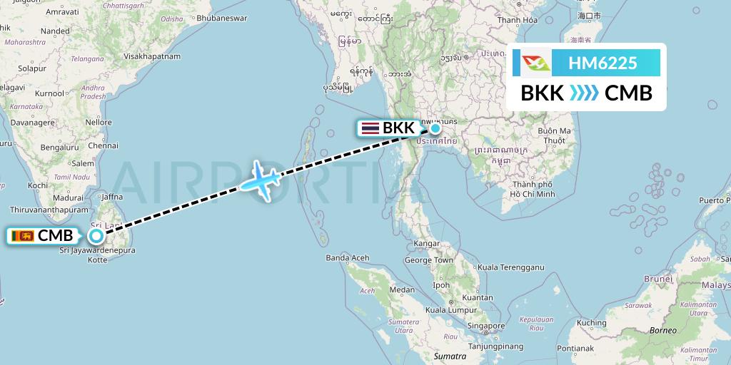 HM6225 Air Seychelles Flight Map: Bangkok to Colombo