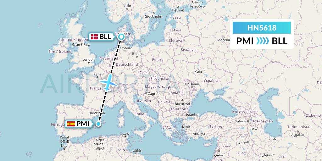 HN5618 Uab Heston Airlines Jsc Heston Airl Flight Map: Palma de Mallorca to Billund
