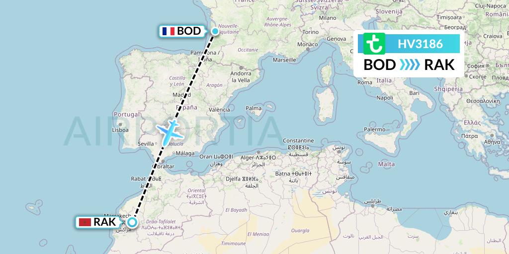 HV3186 Transavia Flight Map: Bordeaux to Marrakesh 