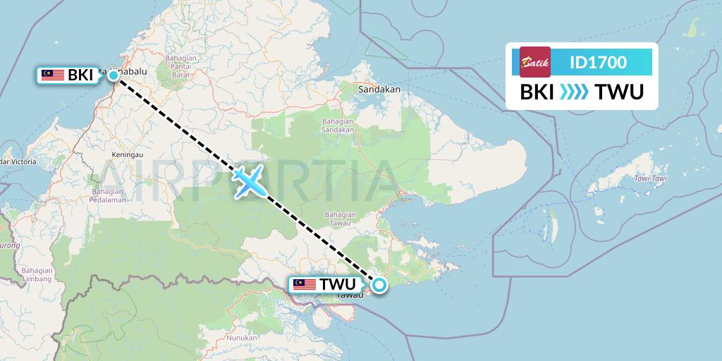 ID1700 Batik Air Flight Map: Kota Kinabalu to Tawau