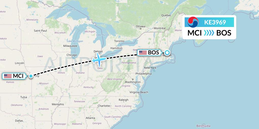KE3969 Korean Air Flight Map: Kansas City to Boston