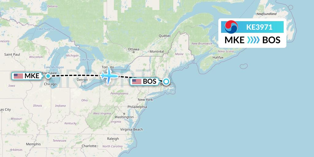 KE3971 Korean Air Flight Map: Milwaukee to Boston