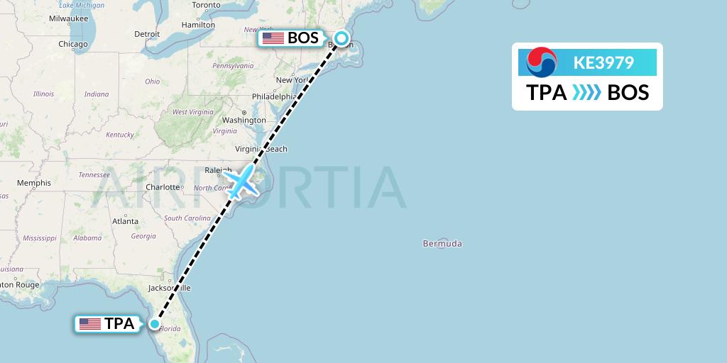 KE3979 Korean Air Flight Map: Tampa to Boston