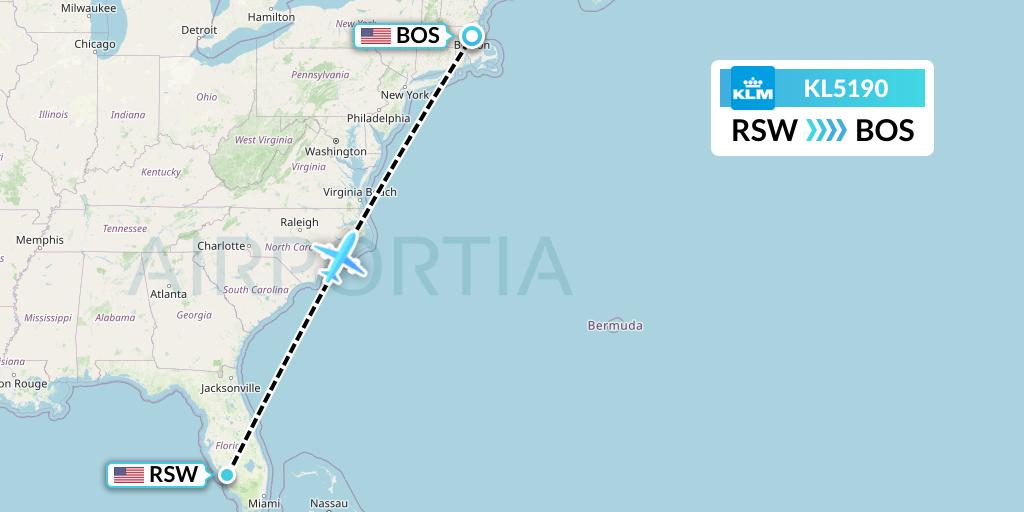 KL5190 KLM Flight Map: Fort Myers to Boston