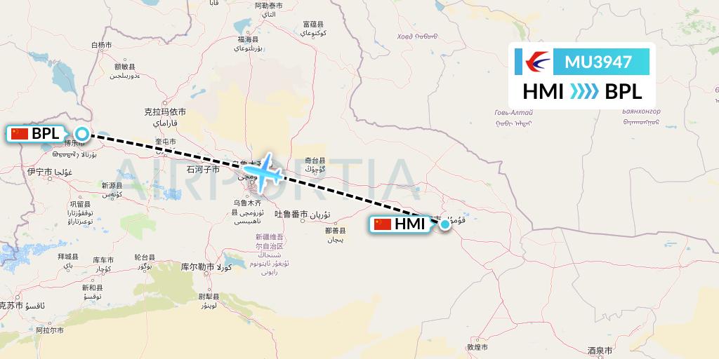 MU3947 China Eastern Airlines Flight Map: Hami City to Bole