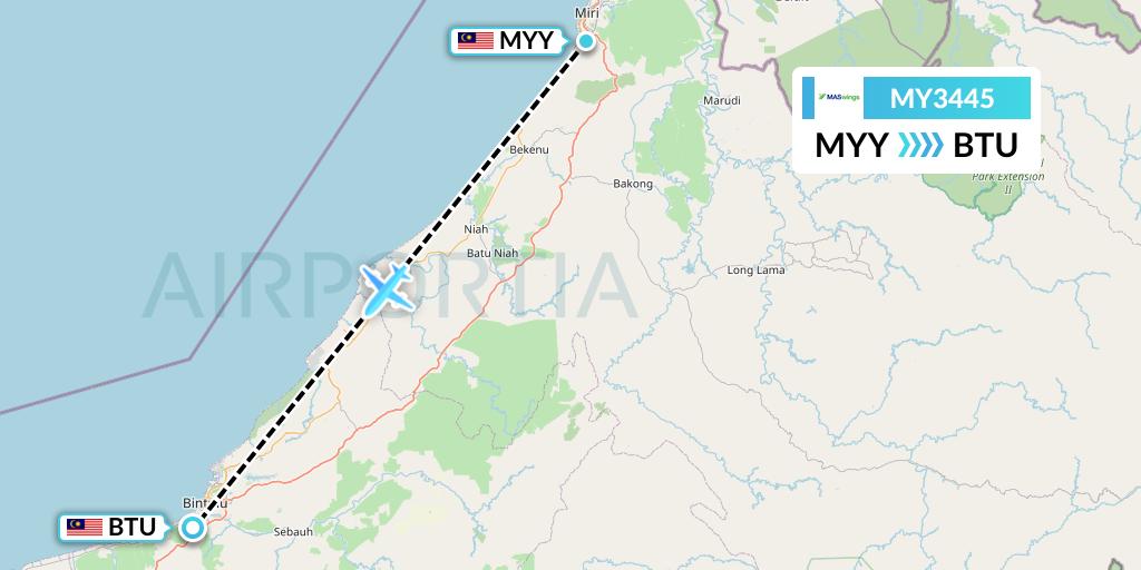 MY3445 MASwings Flight Map: Miri to Bintulu