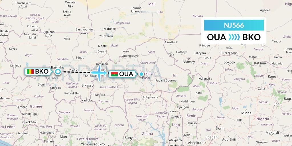 NJ566 Ghadames Air Transport Flight Map: Ouagadougou to Bamako