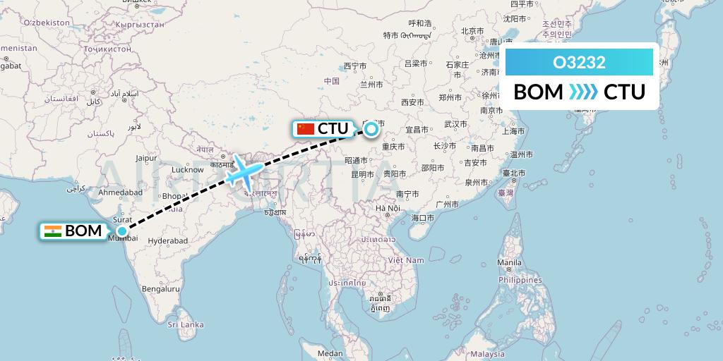 O3232 SF Airlines Flight Map: Mumbai to Chengdu