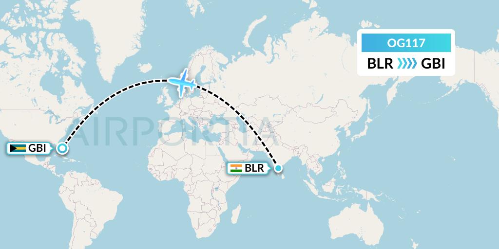 OG117 Fly Play Flight Map: Bangalore to Grand Bahama