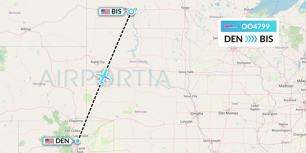 OO4799 SkyWest Airlines Flight Map: Denver to Bismarck