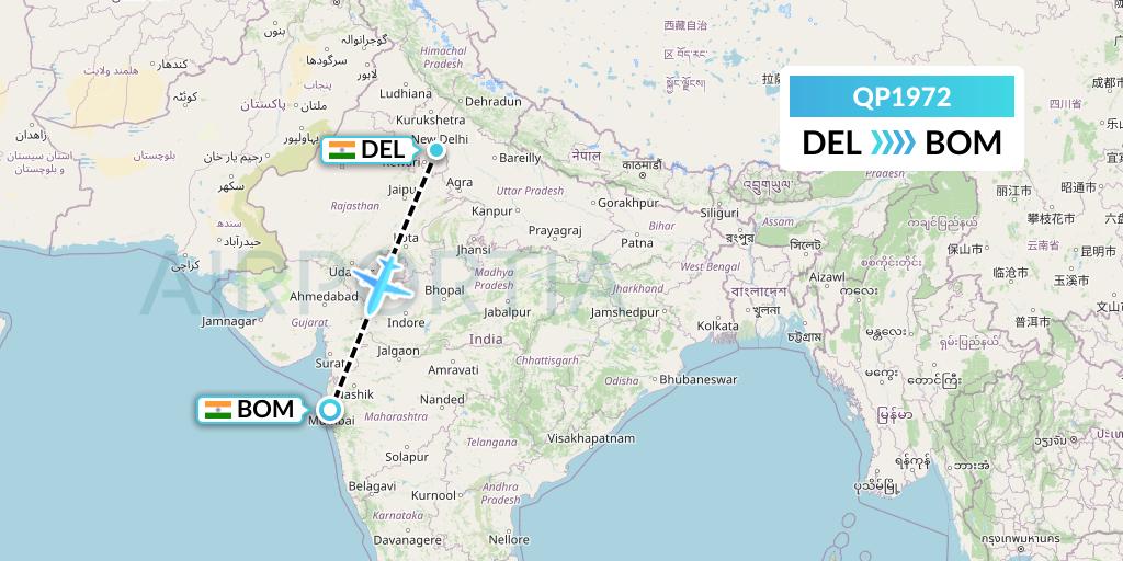 QP1972 Akasa Air Flight Map: Delhi to Mumbai