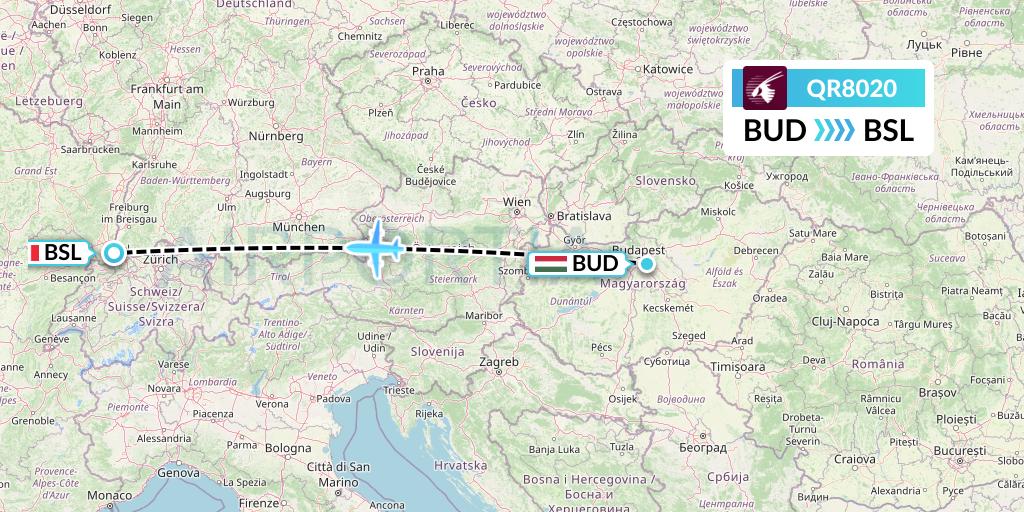 QR8020 Qatar Airways Flight Map: Budapest to Basel