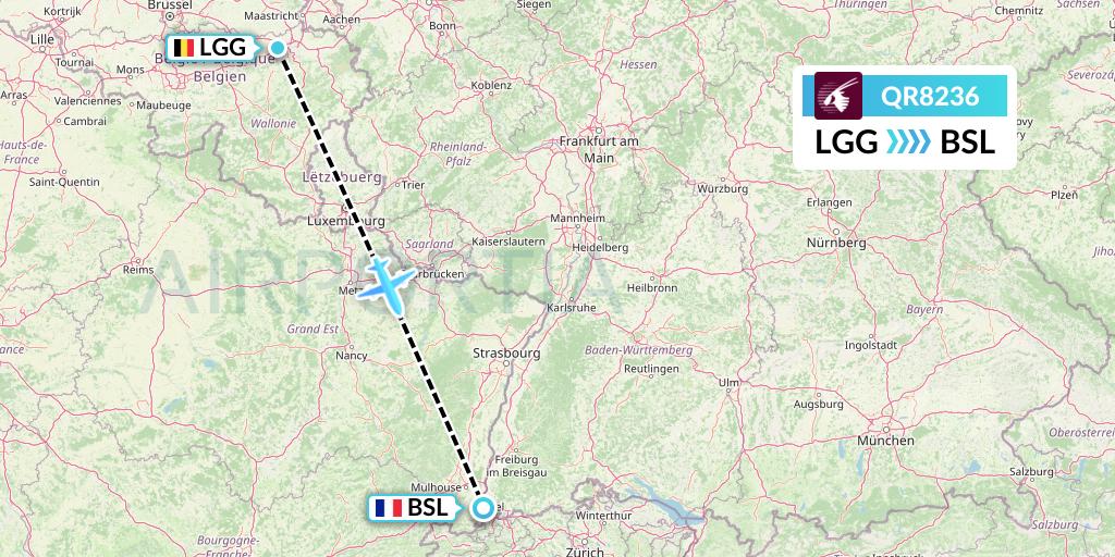 QR8236 Qatar Airways Flight Map: Liege to Basel