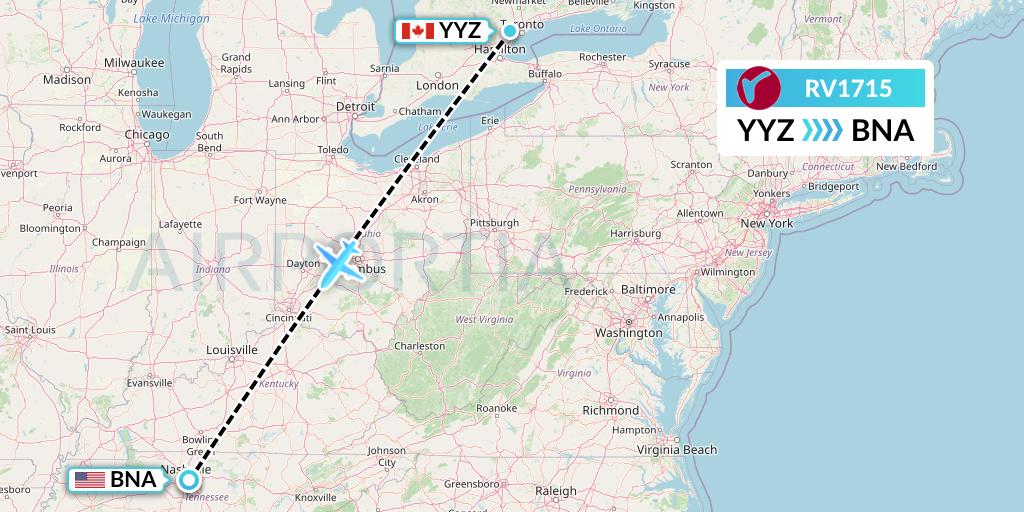 RV1715 Air Canada Rouge Flight Map: Toronto to Nashville