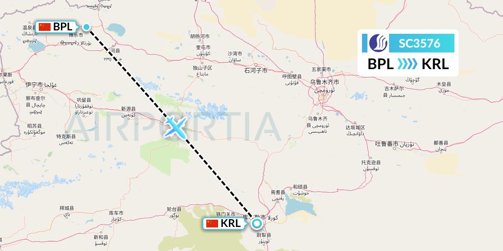 SC3576 Shandong Airlines Flight Map: Bole to Korla
