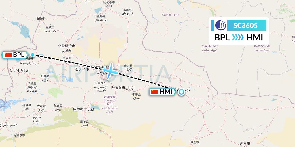 SC3605 Shandong Airlines Flight Map: Bole to Hami City