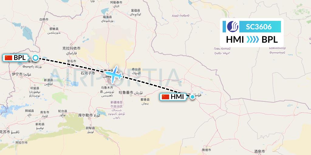 SC3606 Shandong Airlines Flight Map: Hami City to Bole
