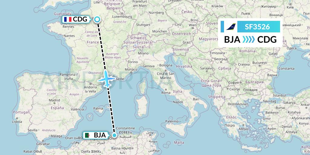 SF3526 Tassili Airlines Flight Map: Bejaia to Paris