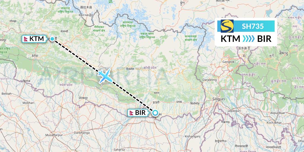 SH735 Sharp Airlines Flight Map: Kathmandu to Biratnagar