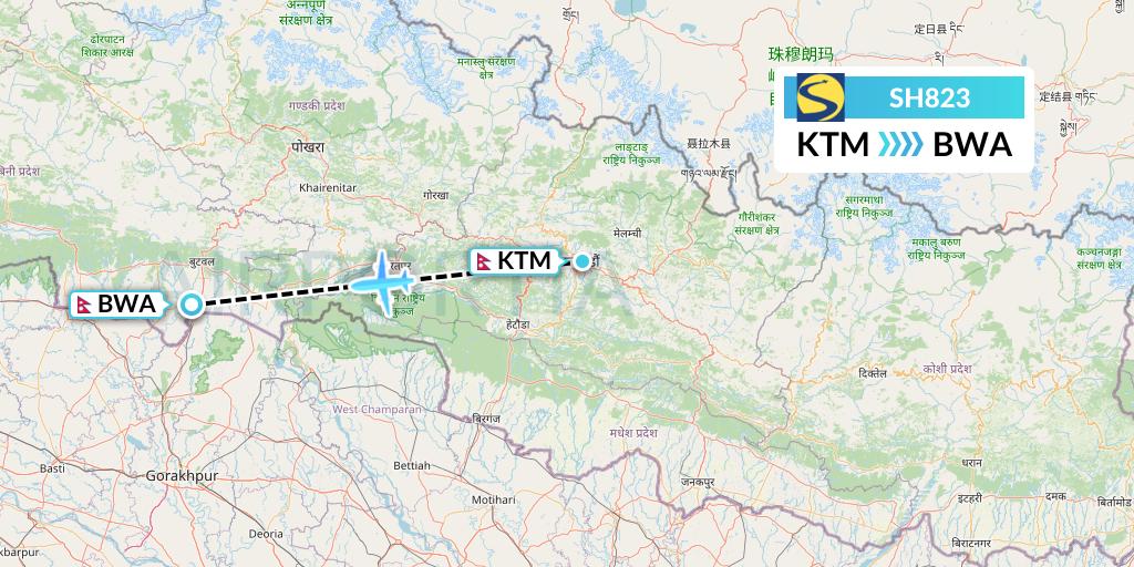 SH823 Sharp Airlines Flight Map: Kathmandu to Bhairawa