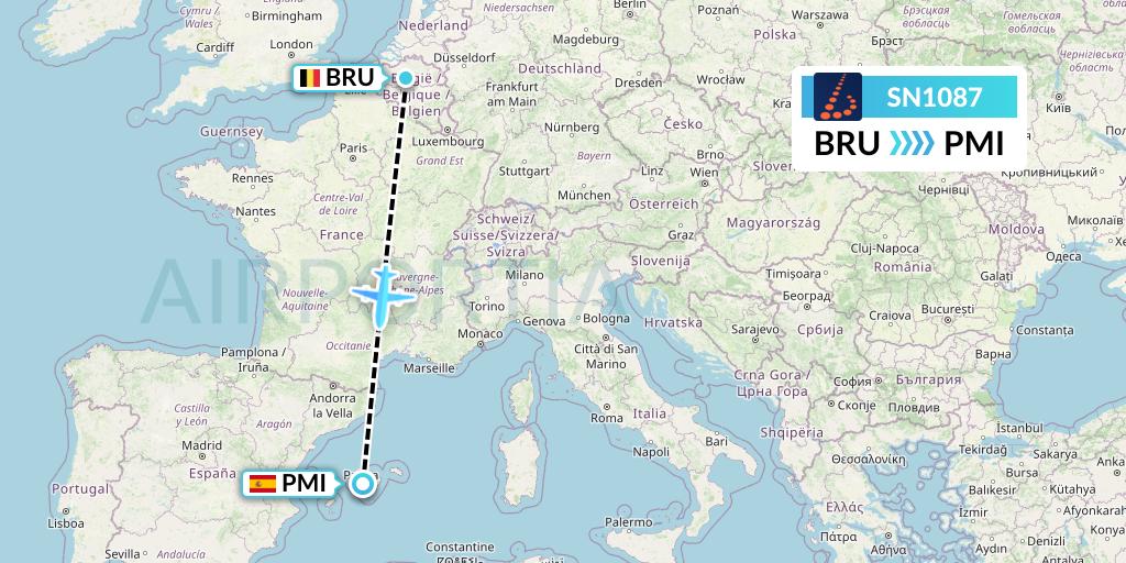 SN1087 Brussels Airlines Flight Map: Brussels to Palma de Mallorca
