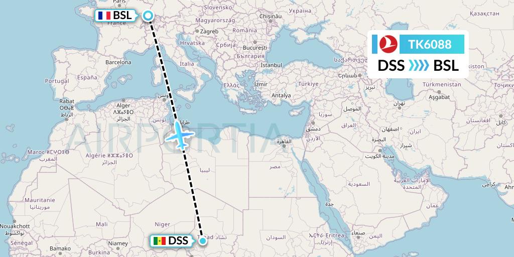 TK6088 Turkish Airlines Flight Map: Dakar to Basel